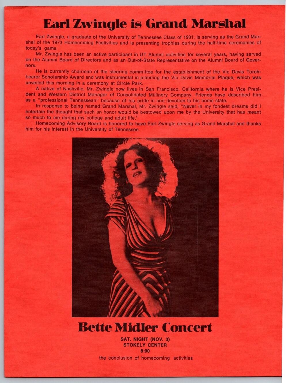 1973 Bette Midler Concert Flyer University of Tennessee Homecoming Program Earl